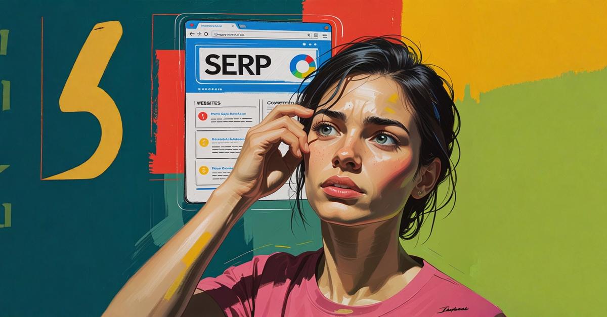 Illustration of a confused woman standing in front of a colourful screen showing a search engine results page (SERP), symbolising common SEO mistakes.