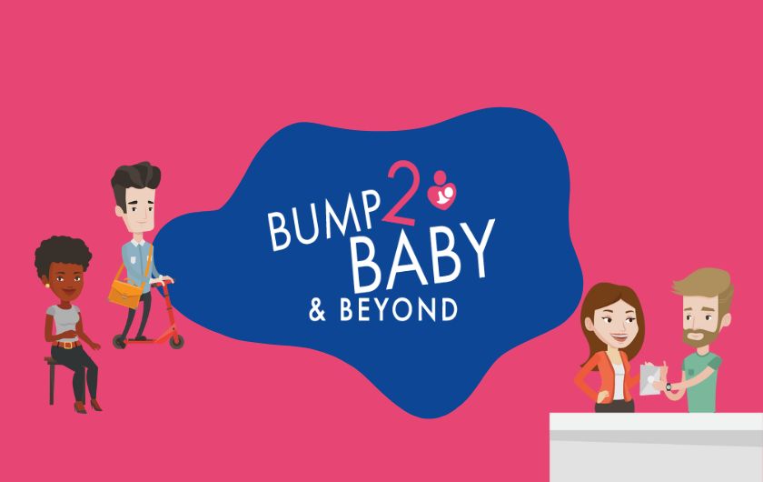 Colourful illustrated logo design for ‘Bump 2 Baby & Beyond’ by Montpellier Creative, featuring diverse cartoon characters and a bold pink and blue colour scheme to represent support for new and expectant parents.