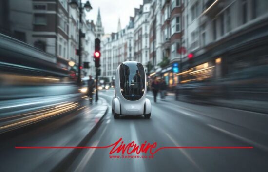 Futuristic autonomous electric vehicle driving through a dynamic city street — concept visual created by Montpellier Creative for promotional campaign.
