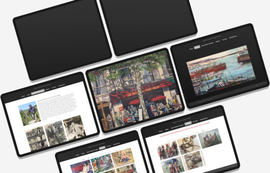Tablet mockups displaying the website design for artist Robert Armand Pouget, showcasing paintings, biography, and gallery pages with a clean black and white interface.