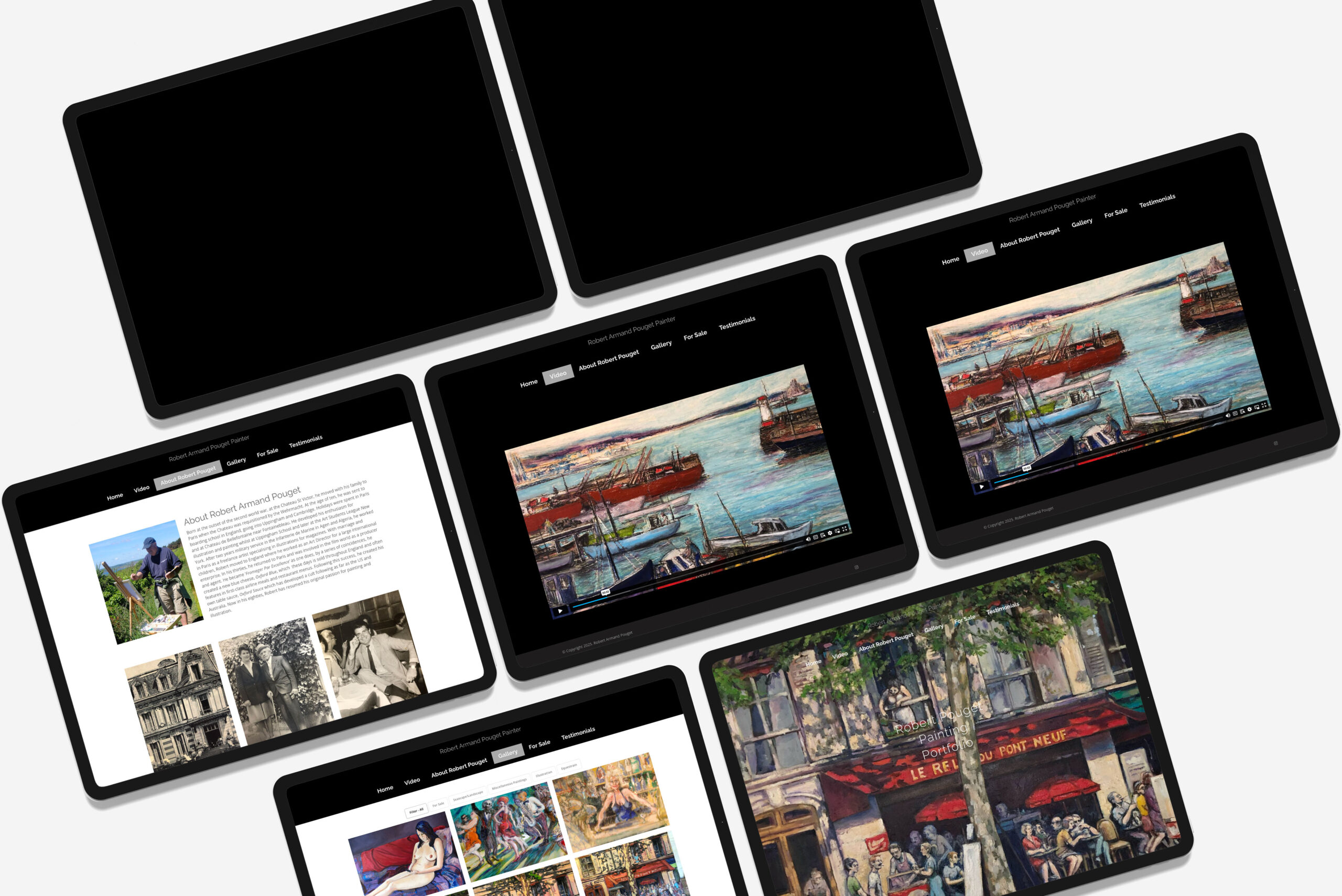 Tablet mockups displaying the website design for artist Robert Armand Pouget, showcasing paintings, biography, and gallery pages with a clean black and white interface