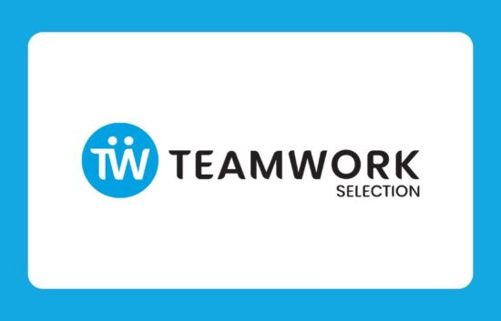 Logo design for Teamwork Selection created by Montpellier Creative, featuring a stylised ‘TW’ symbol with human figures to represent collaboration, set in a modern blue and black colour scheme.