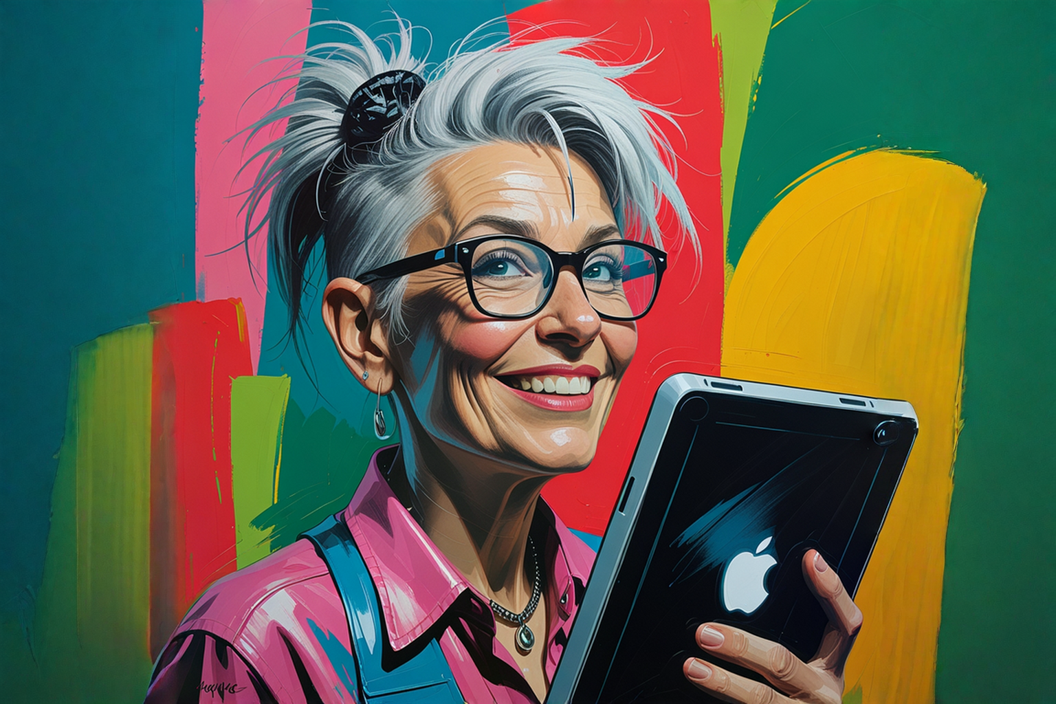 Stylised illustration of an older woman smiling and holding a tablet, used to represent user experience (UX) design considerations across different age groups