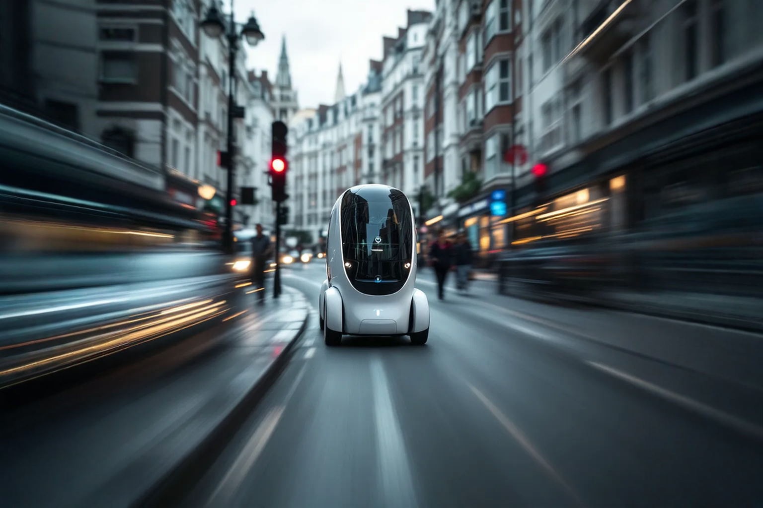 Futuristic autonomous electric vehicle driving through a dynamic city street — concept visual created by Montpellier Creative for promotional campaign.