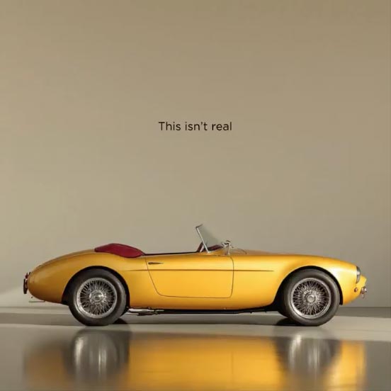 AI-generated image of a vintage-style gold convertible car with a red interior, set against a minimalist beige background with the caption ‘This isn’t real