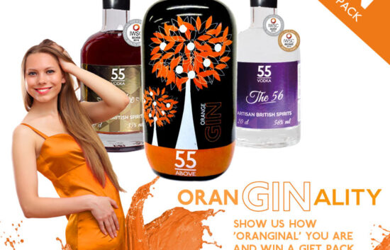 Social media competition graphic for 55 Above Spirits promoting a chance to win a gift pack, featuring orange-themed branding, product bottles, and the campaign slogan ‘Oranginality’.