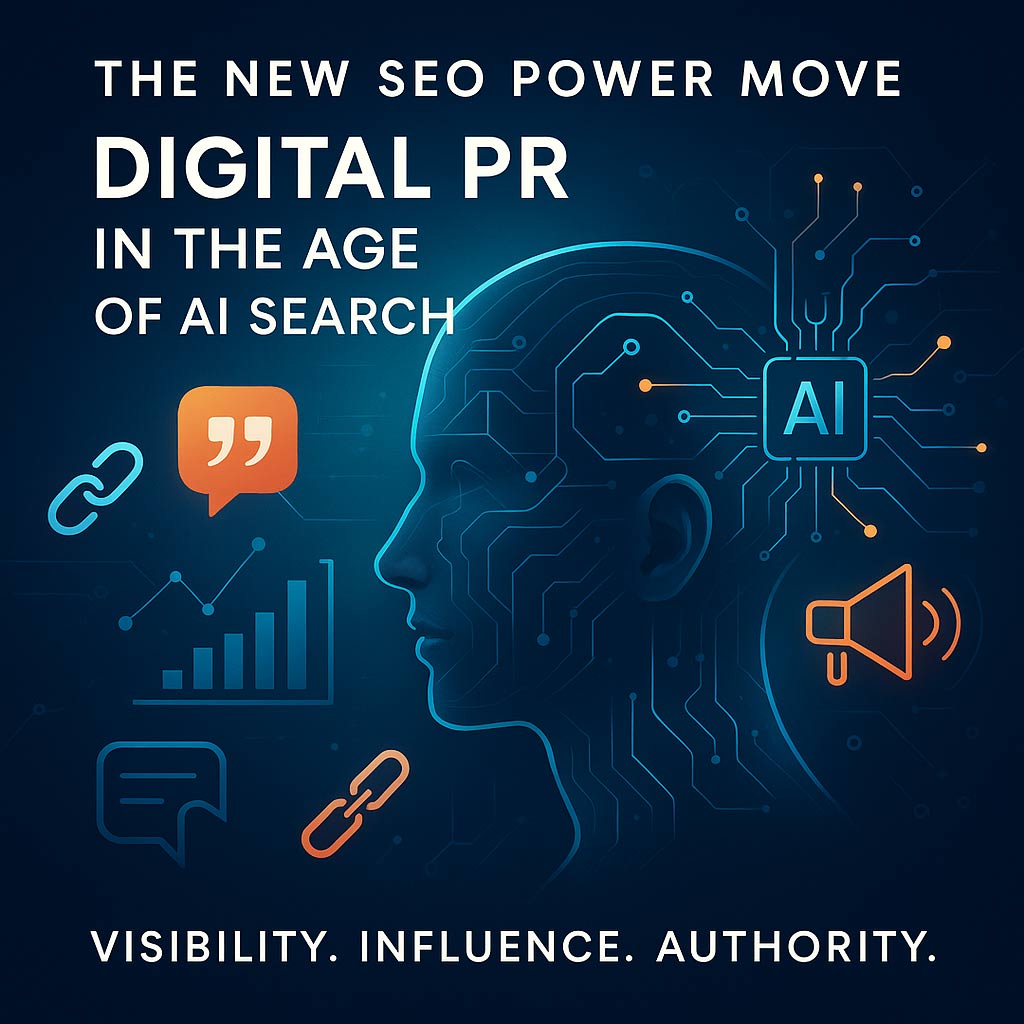 Digital PR and SEO strategy concept image showing a human head integrated with circuit patterns, AI elements, and digital icons, with the headline ‘The New SEO Power Move: Digital PR in the Age of AI Search’ and tagline ‘Visibility. Influence. Authority.