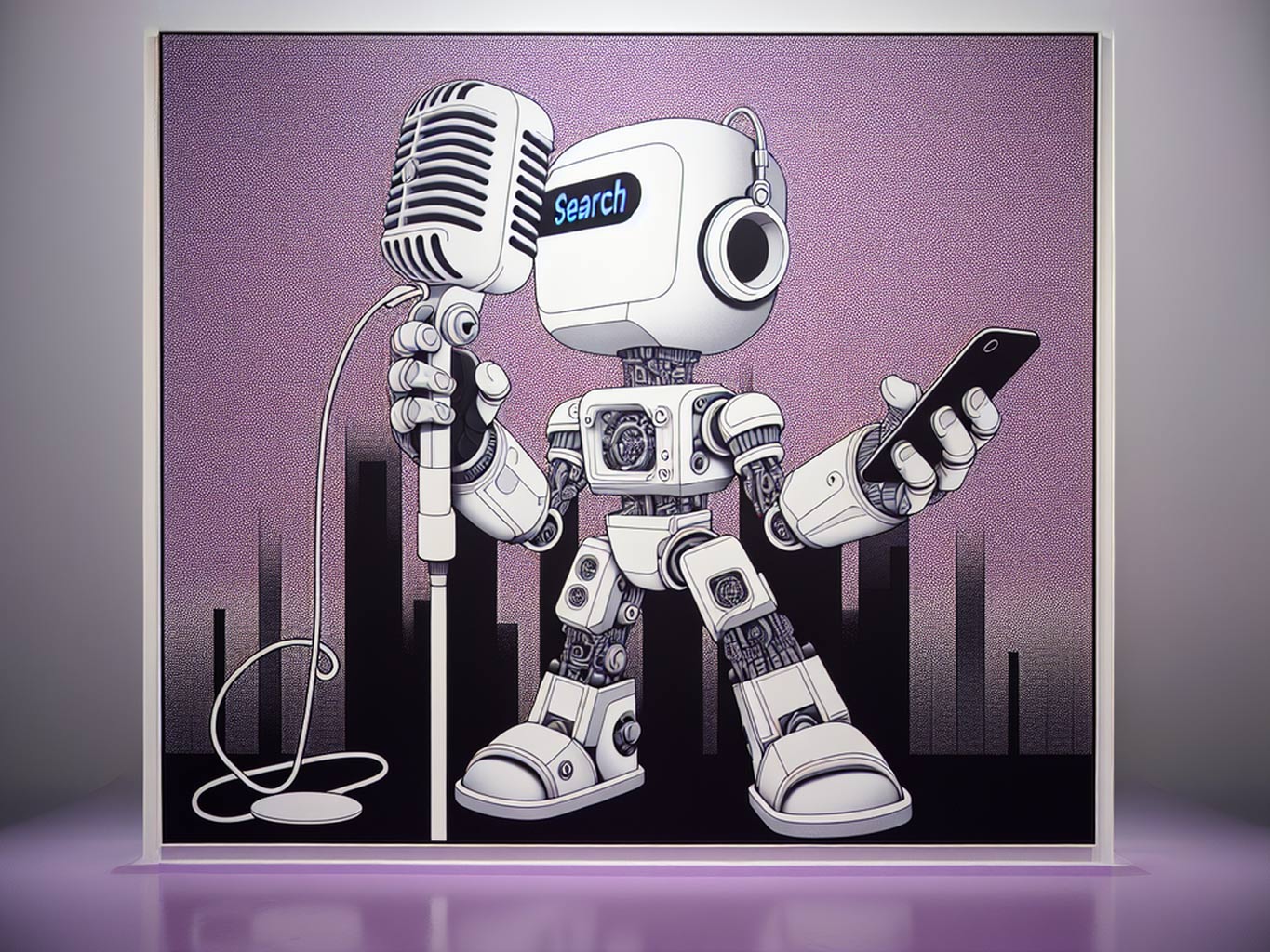 Illustration of a generative search robot speaking into a microphone and holding a smartphone, featured in an article about the rise of generative search technology.