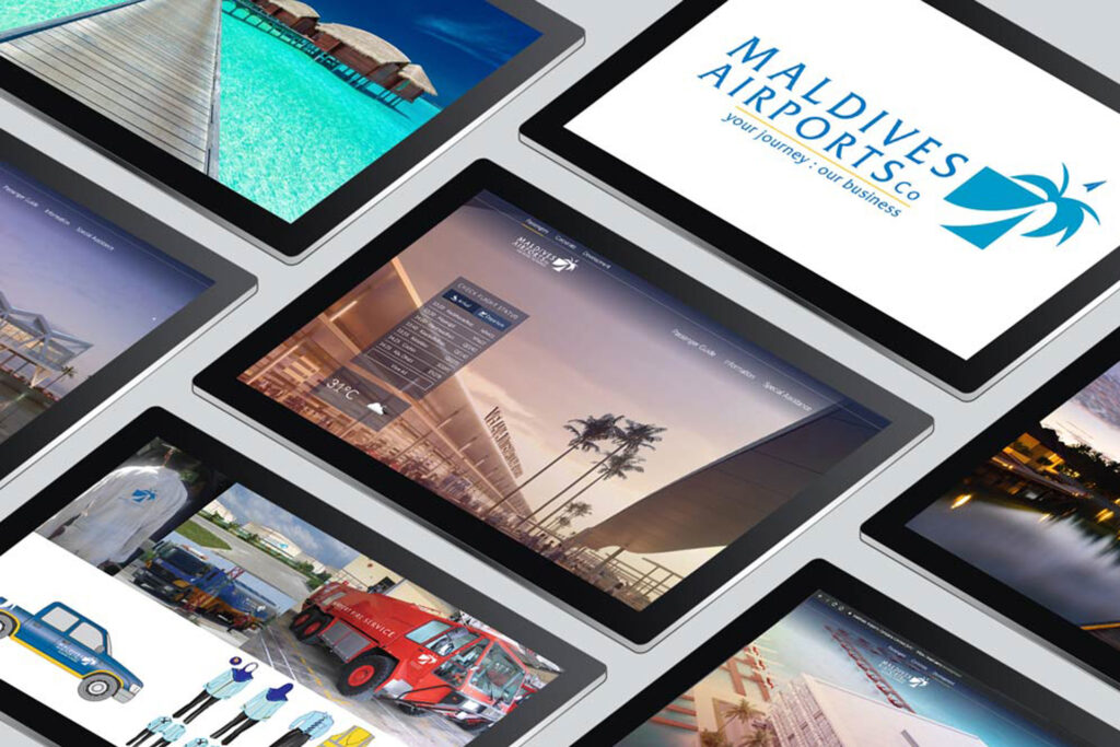 Brand identity and visual guidelines for Maldives Airports Company, showcasing logo design, website mockups, uniforms, and vehicle liveries created as part of a comprehensive branding project