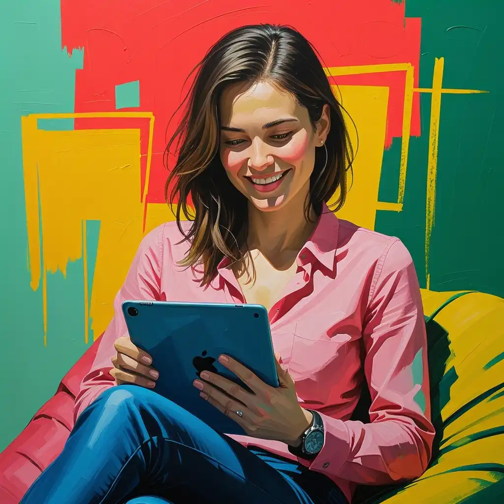 Smiling woman using a tablet, representing positive user experience and engaging web design, with a vibrant abstract background in red, yellow, and green tones