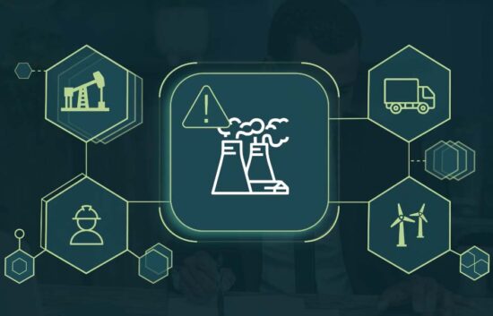 Still from an animated explainer video created for Vysus, featuring a digital network of energy sector icons surrounding a central alert symbol and power plant illustration