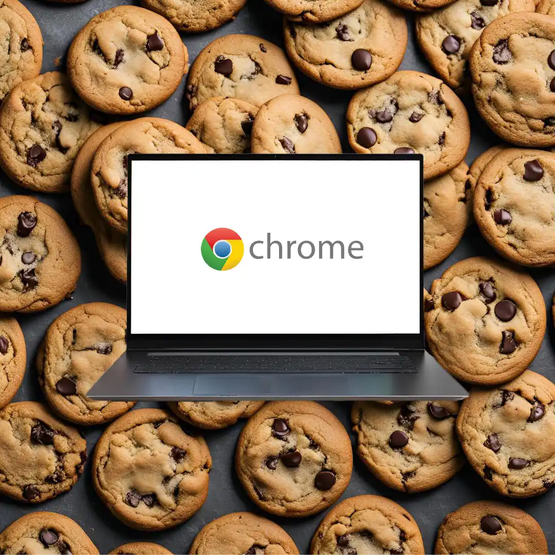 Conceptual graphic showing a Google Chrome browser icon next to broken cookie crumbs and a privacy lock—symbolizing the delay in phasing out third-party cookies