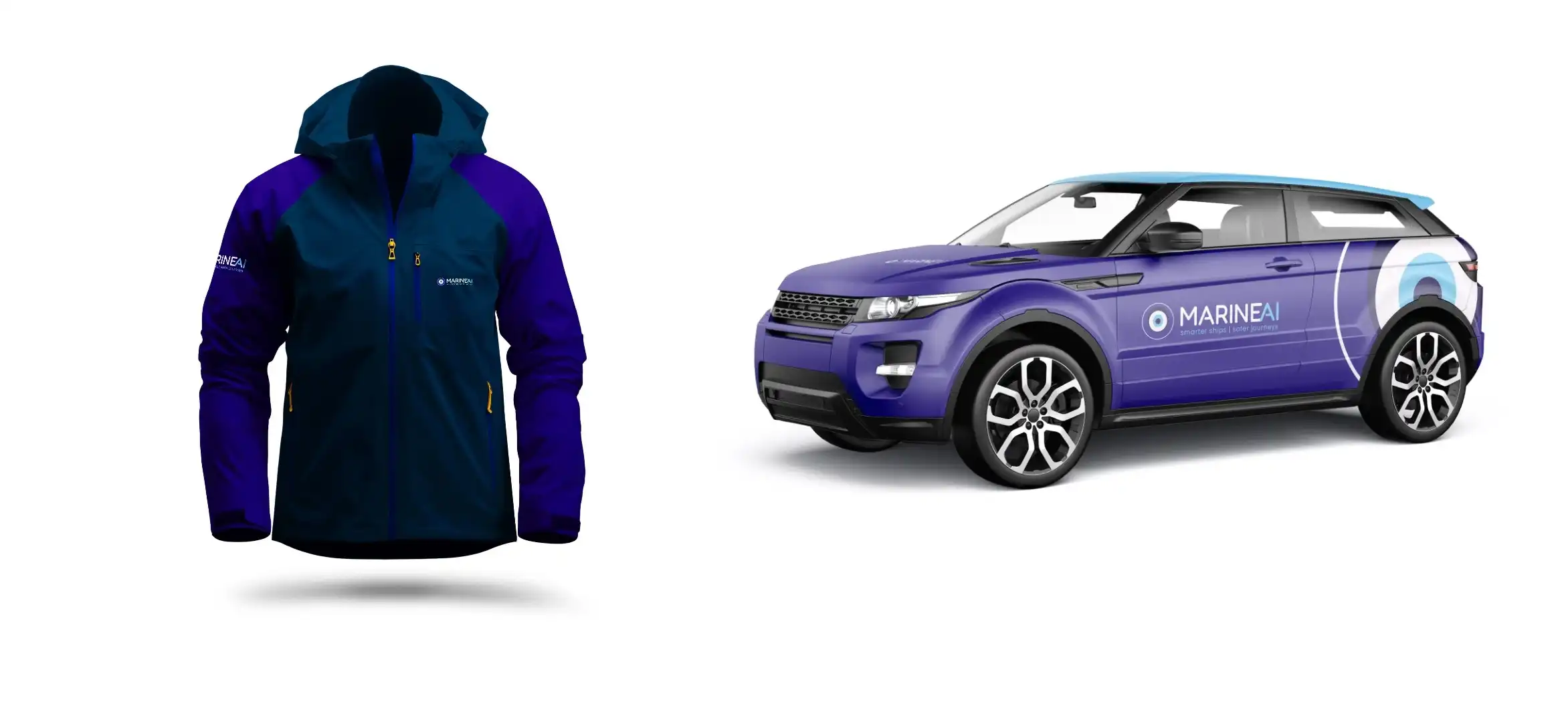 Marine Ai brand design applied to branded jacket and vehicle wrap