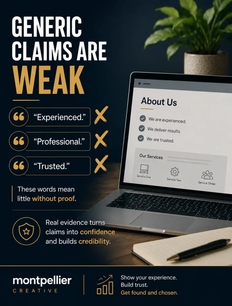 Graphic reading “Generic claims are weak”, explaining that words like experienced, professional and trusted need real proof to build confidence, credibility and AI search visibility.