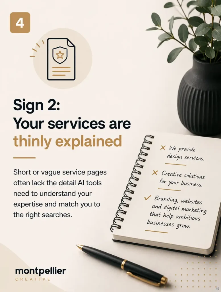 Graphic showing “Sign 2: Your services are thinly explained” with Montpellier Creative branding, explaining that vague service pages can make it harder for AI tools to understand your expertise.