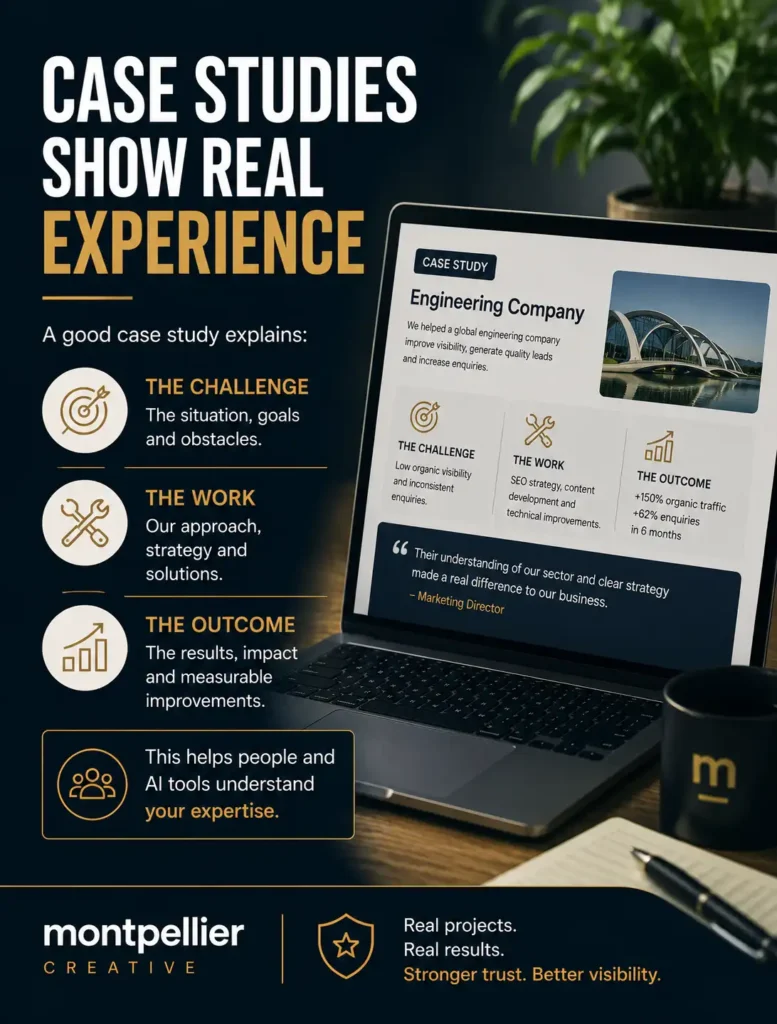 Graphic reading “Case studies show real experience”, explaining how case studies demonstrate the challenge, work and outcome to help people and AI tools understand your expertise.