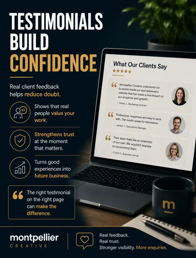 Graphic reading “Testimonials build confidence”, explaining how real client feedback reduces doubt, strengthens trust and helps improve SEO and AI search visibility.