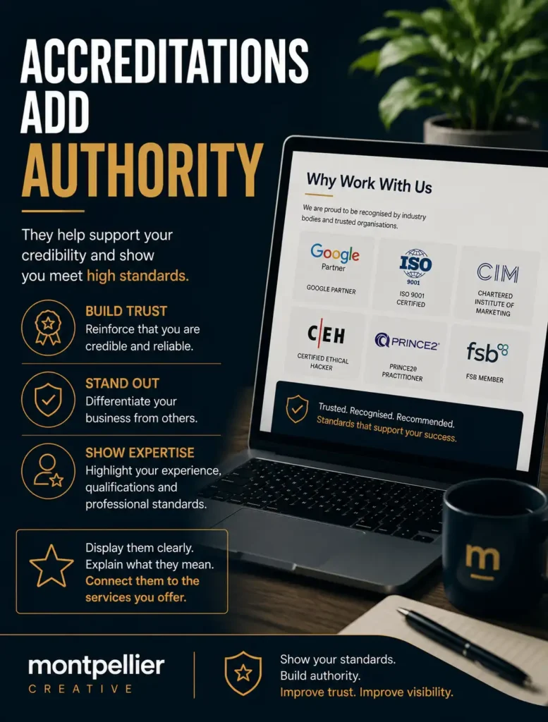 Graphic reading “Accreditations add authority”, explaining how awards, memberships and credentials help build trust, show expertise and improve SEO and AI search visibility.