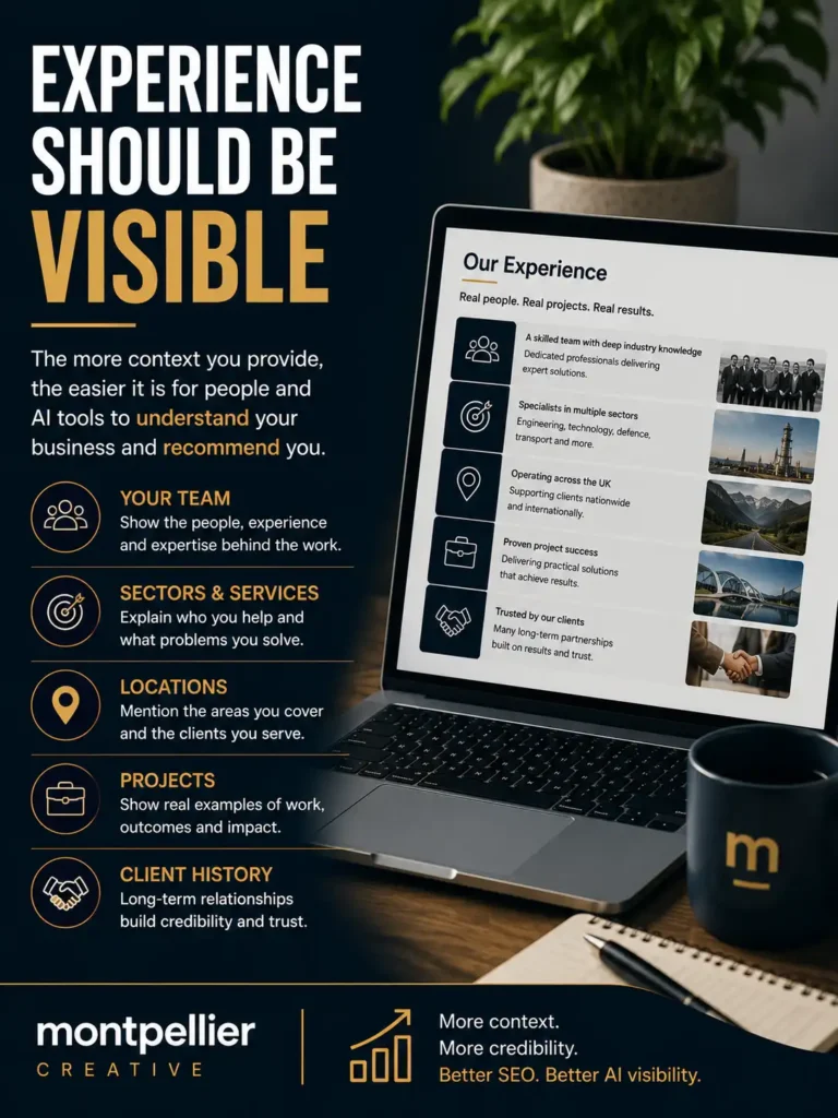 Graphic reading “Experience should be visible”, explaining how team expertise, sectors, locations, projects and client history help build context, credibility and AI search visibility.