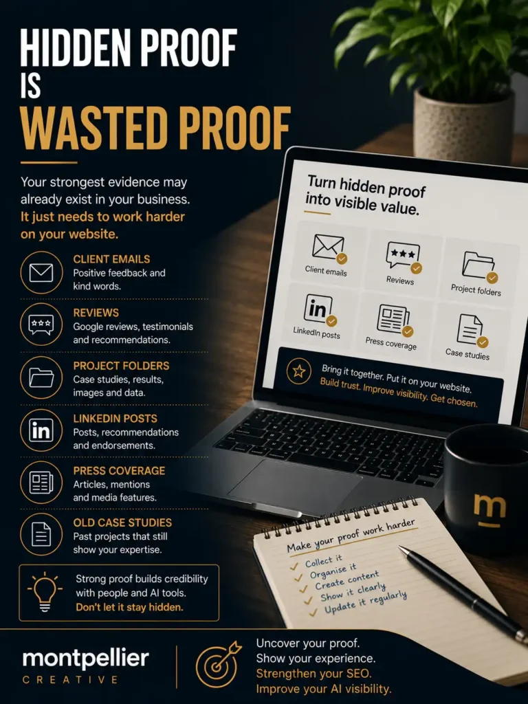 Graphic reading “Hidden proof is wasted proof”, showing how client emails, reviews, project folders, LinkedIn posts, press coverage and old case studies can be turned into stronger SEO and AI search visibility.