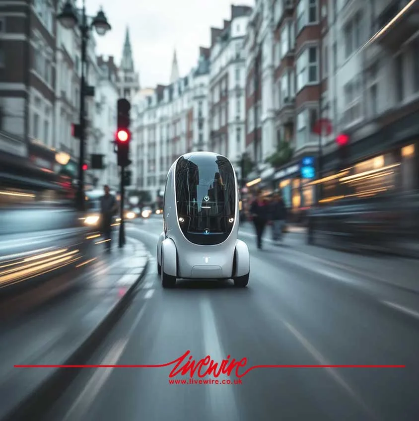 Futuristic autonomous electric vehicle driving through a dynamic city street — concept visual created by Montpellier Creative for promotional campaign