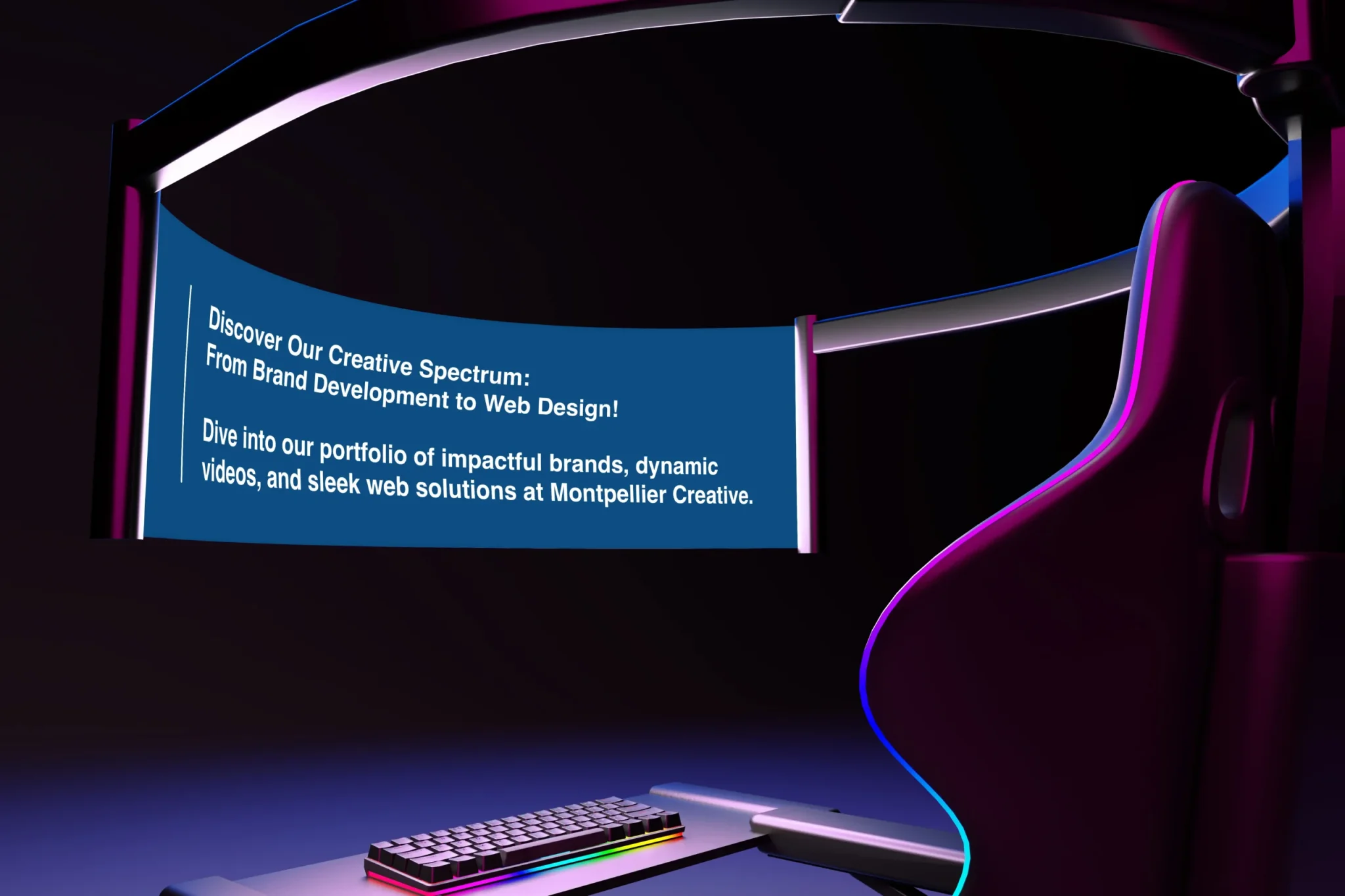 Futuristic neon-lit workstation with curved screen displaying Montpellier Creative’s digital services, including brand development, video production, and web design