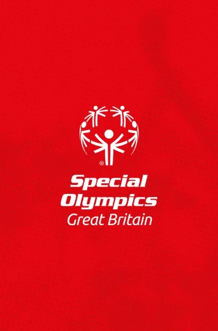 Special Olympics Great Britain logo in white on a red background featuring a stylised human figure surrounded by a circle of figures.