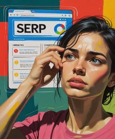 Illustration of a woman thinking in front of a search engine results page (SERP) screen