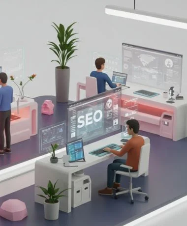 Digital marketers working on SEO strategy using advanced analytics and futuristic screens